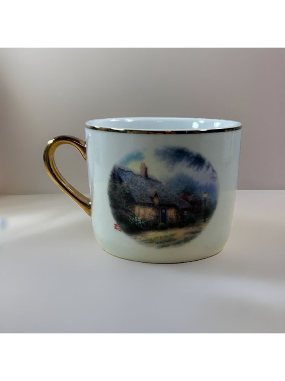 Thomas Kinkade Moonlight Cottage Coffee Mug Cup W/Gold Trim 3" D Telflora Gift